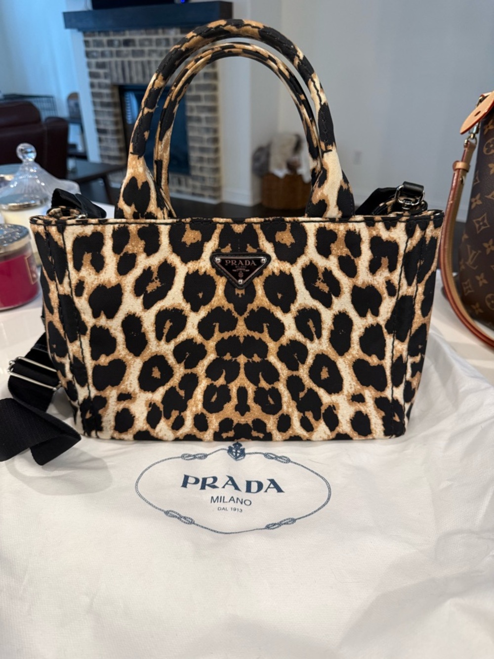 Prada Leopard Print Canvas Tote Bag - Tan & Black